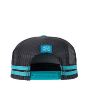 Light blue trucker cap with black mesh back and brown roper badge