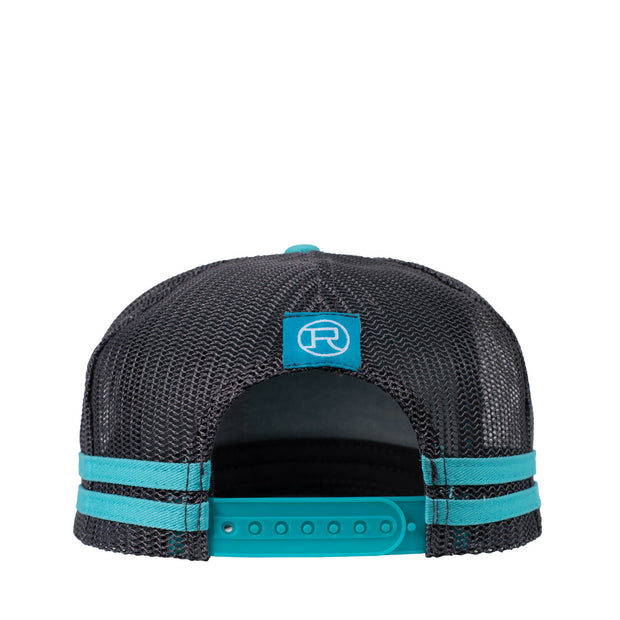 Light blue trucker cap with black mesh back and brown roper badge