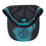 Light blue trucker cap with black mesh back and brown roper badge