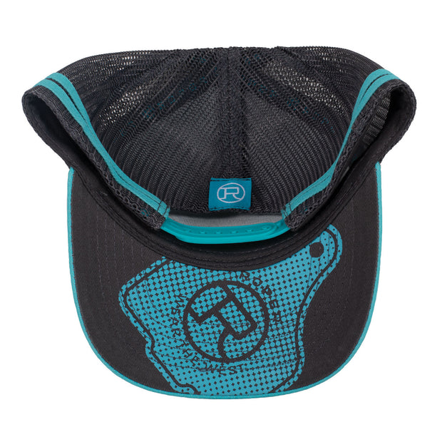 Light blue trucker cap with black mesh back and brown roper badge