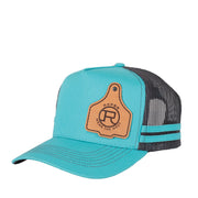 Light blue trucker cap with black mesh back and brown roper badge