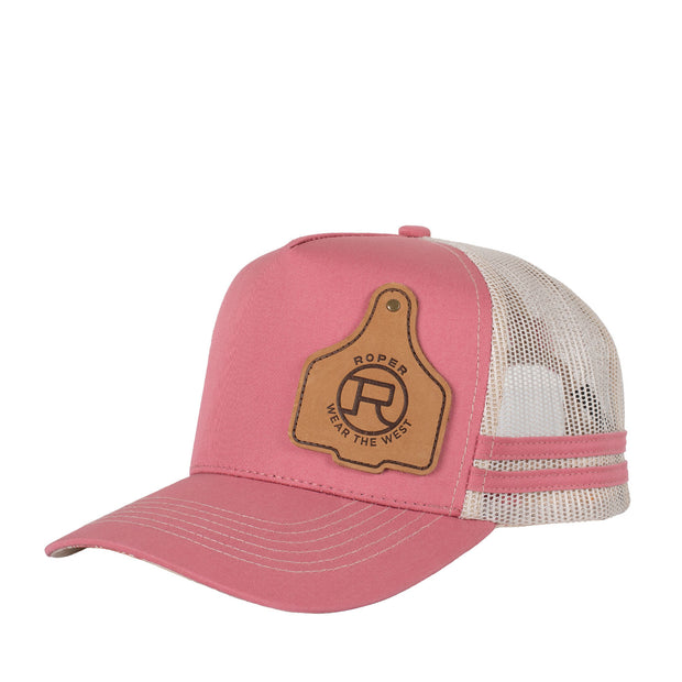 Pink trucker hat with a brown leather patch on a white background