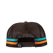 Brown and orange trucker cap with print