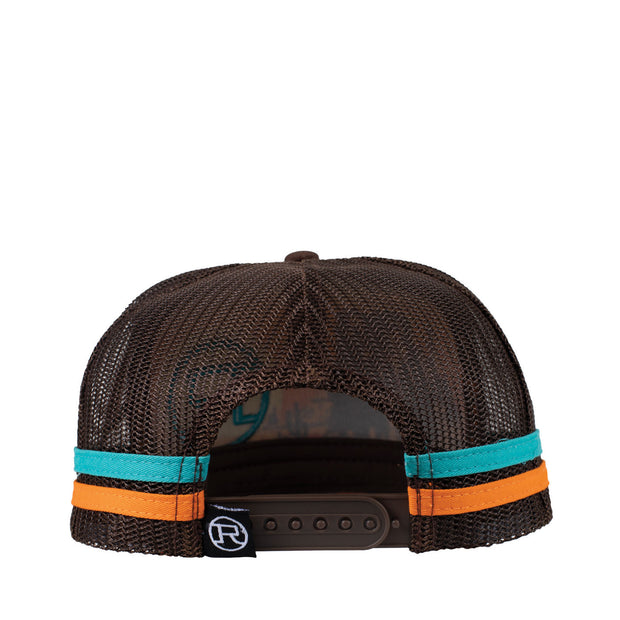 Brown and orange trucker cap with print