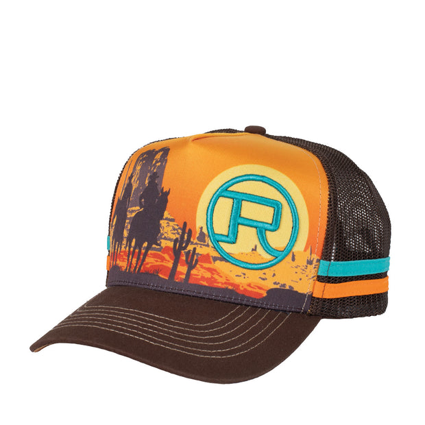 Brown and orange trucker cap with print
