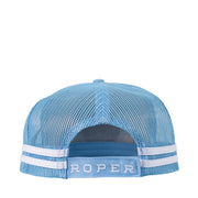 Blue checkered cap with a brown leather patch on a white background