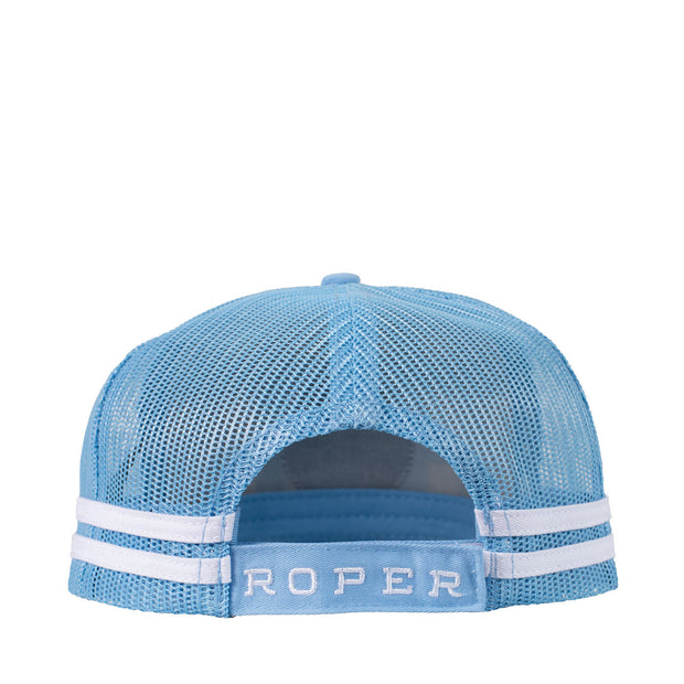 Blue checkered cap with a brown leather patch on a white background