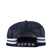 Blue and white check trucker cap with brown Roper logo