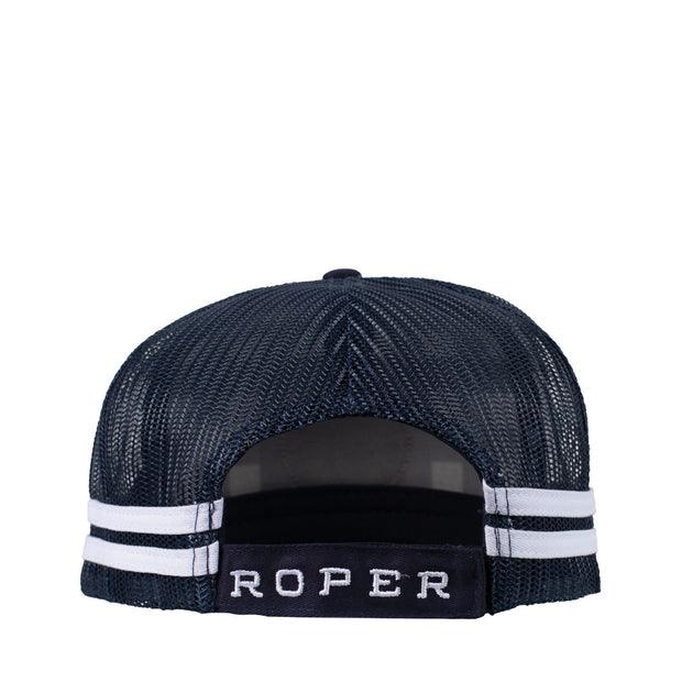 Blue and white check trucker cap with brown Roper logo