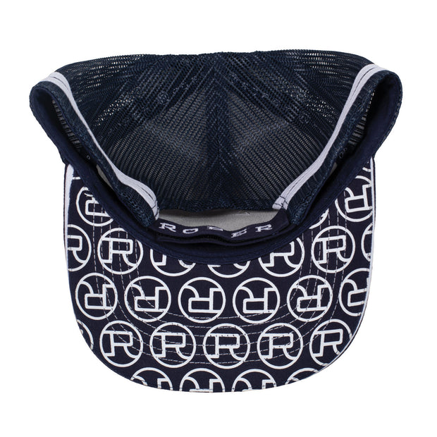 Blue and white check trucker cap with brown Roper logo