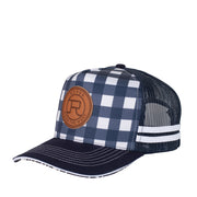 Blue and white check trucker cap with brown Roper logo