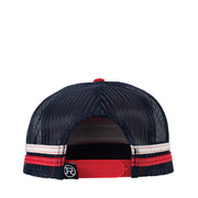 Navy blue mesh cap with red and white accents on a white background