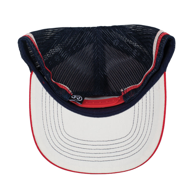 Navy blue mesh cap with red and white accents on a white background