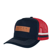 Navy blue mesh cap with red and white accents on a white background