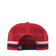 Red and navy trucker hat with mesh back and leather patch on a white background