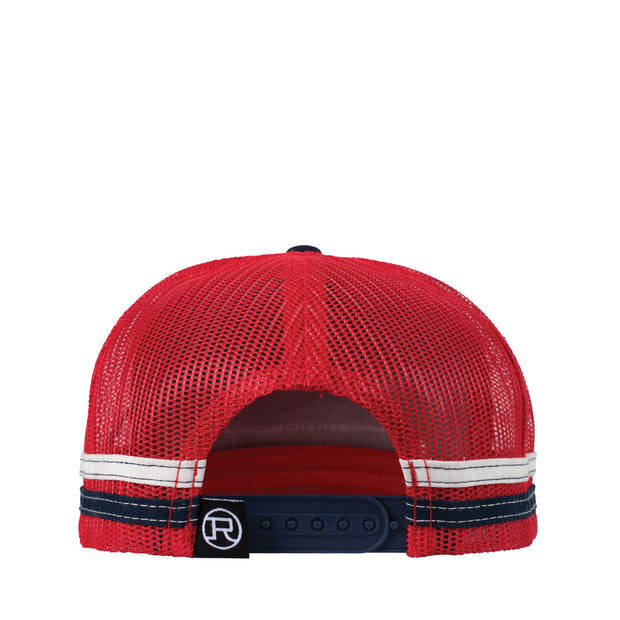 Red and navy trucker hat with mesh back and leather patch on a white background