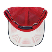 Red and navy trucker hat with mesh back and leather patch on a white background