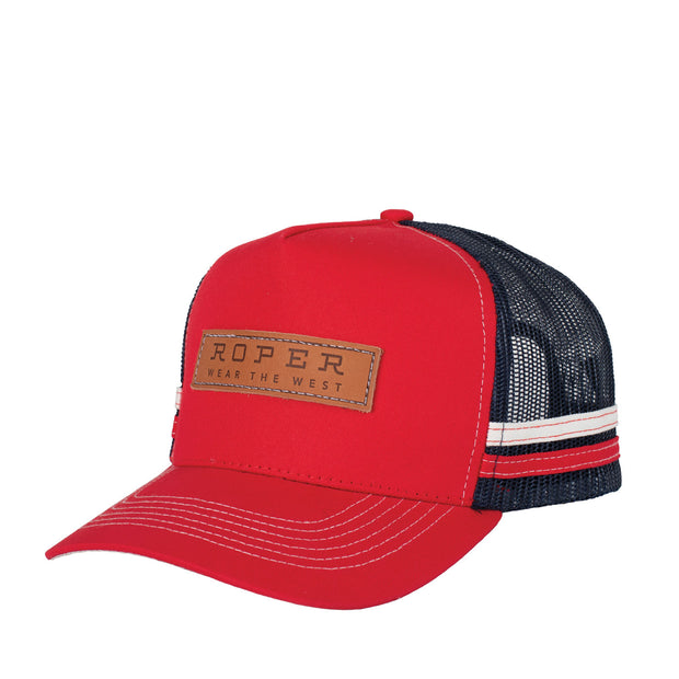 Red and navy trucker hat with mesh back and leather patch on a white background