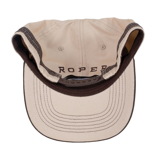 Brown and beige cap with a logo on a white background