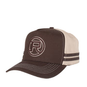Brown and beige cap with a logo on a white background