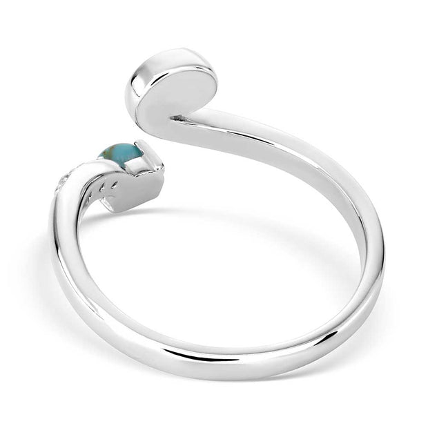 Silver ring with turquoise and opal stones on a white background