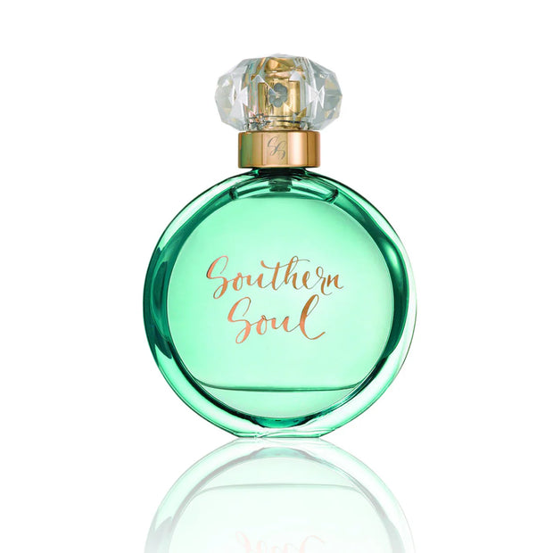 Green perfume bottle labeled 'Southern Soul' on a white background