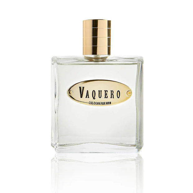 Vaquero cologne bottle with gold cap and label on a white background