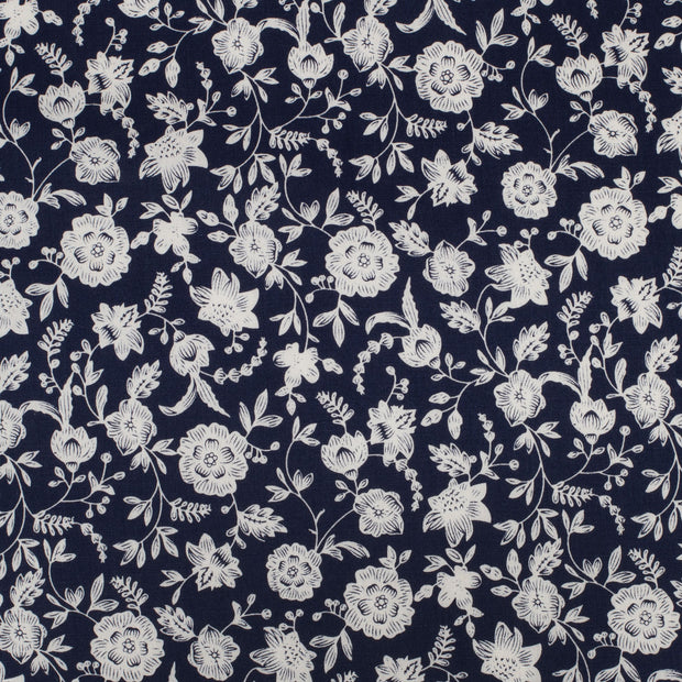 Navy blue fabric with white floral pattern