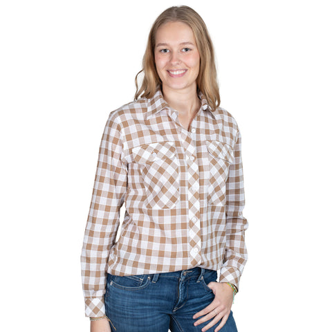 Woman wearing a brown and white checkered shirt on a white background