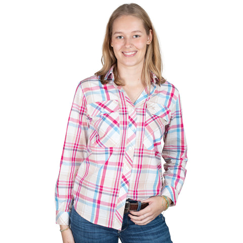 Woman wearing a plaid shirt with pink, blue, and white colors on a white background