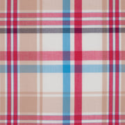 Plaid fabric pattern with red, blue, and beige colors.
