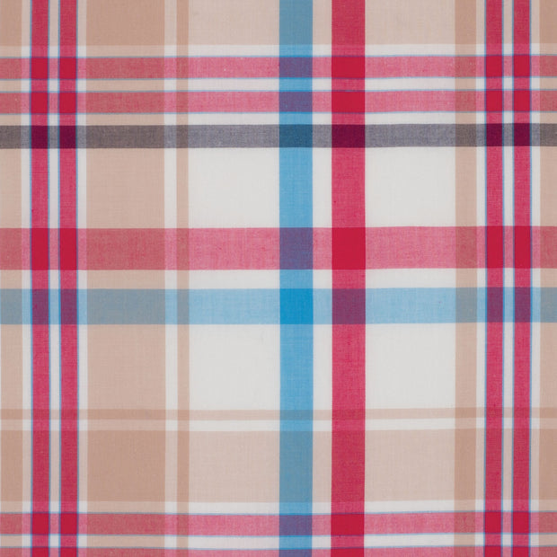 Plaid fabric pattern with red, blue, and beige colors.