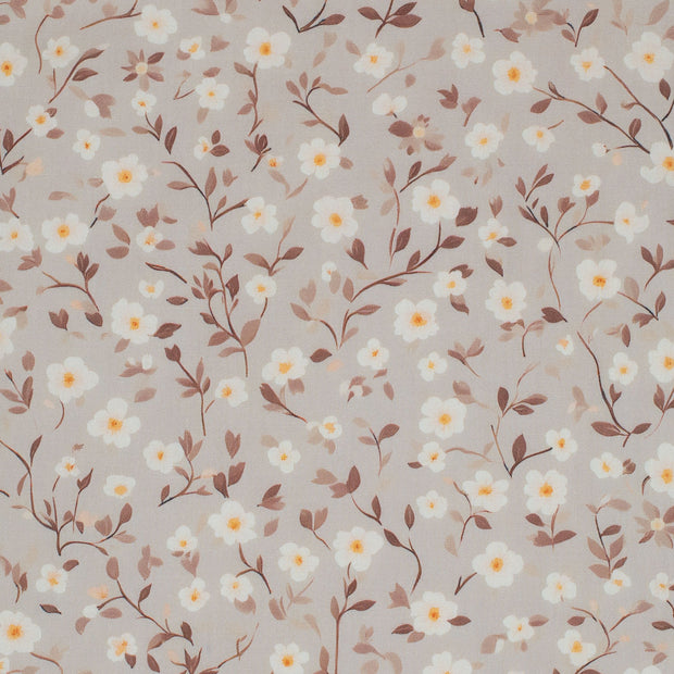 Floral pattern with small flowers and leaves on a light gray background