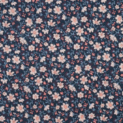 Navy blue fabric with small pink and white floral pattern