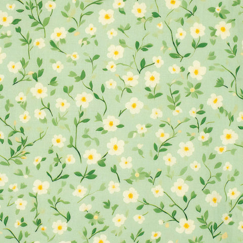 Pattern of small white flowers with green leaves on a light green background