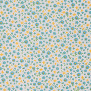 Pattern of small blue and yellow flowers on a light blue background