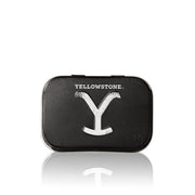 Black belt buckle with 'Yellowstone' logo on a white background