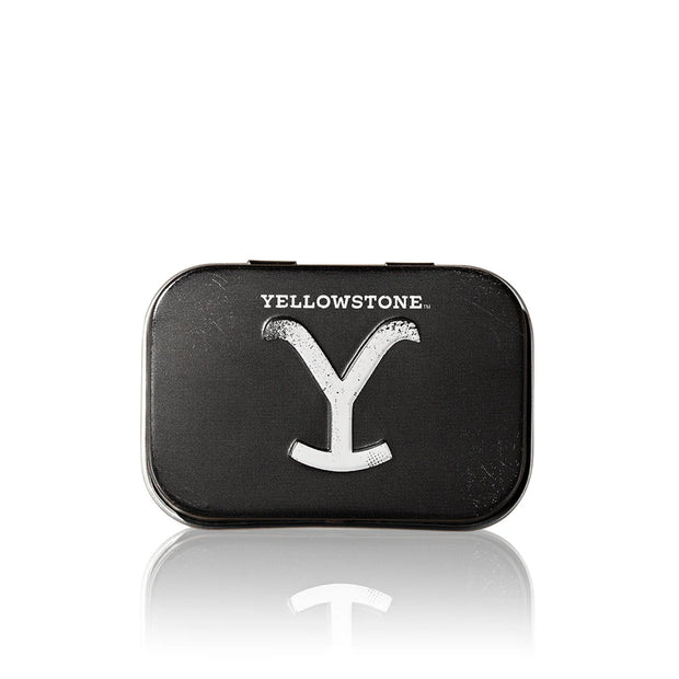 Black belt buckle with 'Yellowstone' logo on a white background