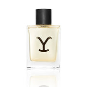 Perfume bottle with a black cap and logo on a white background