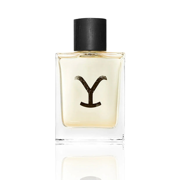 Perfume bottle with a black cap and logo on a white background