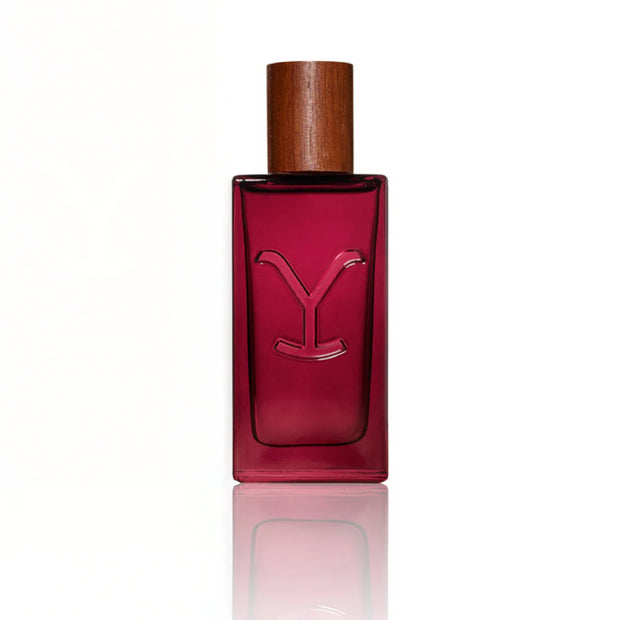 Red perfume bottle with wooden cap on a white background