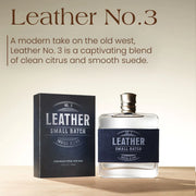 Perfume bottle and packaging of 'Leather No. 3' with descriptive text on a beige background