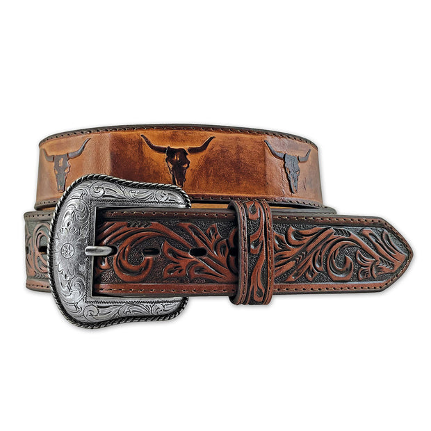 Men's Genuine Leather Belt -  Debossed Ox Heads