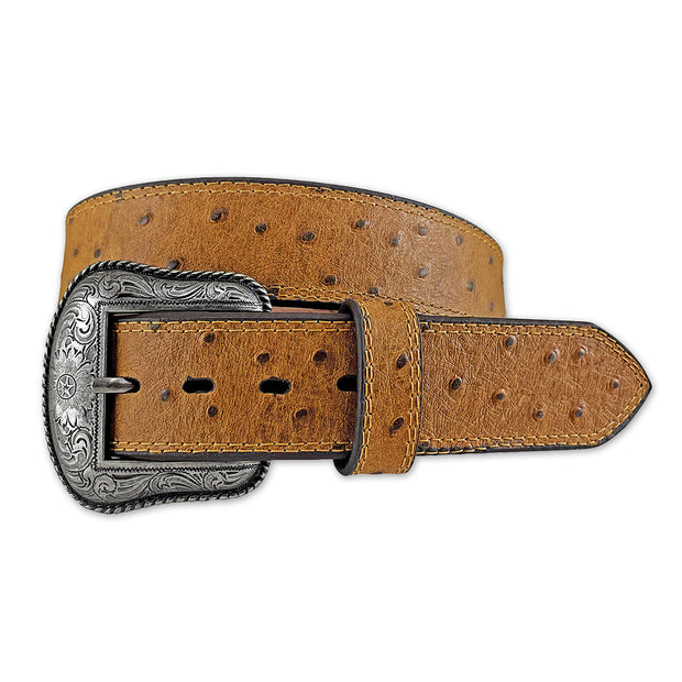 Brown leather belt with a silver buckle on a white background