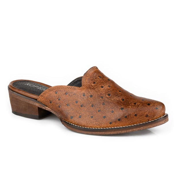 Brown leather shoe with perforated design on a white background