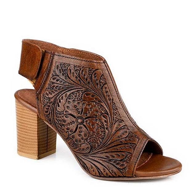 Dark Brown open-toe heeled shoe with intricate patterns on a white background
