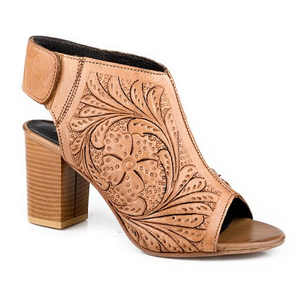 Brown open-toe heeled shoe with intricate patterns on a white background