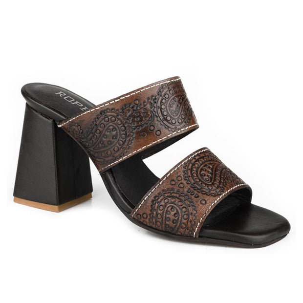 Brown sandal with black block heel on a white background