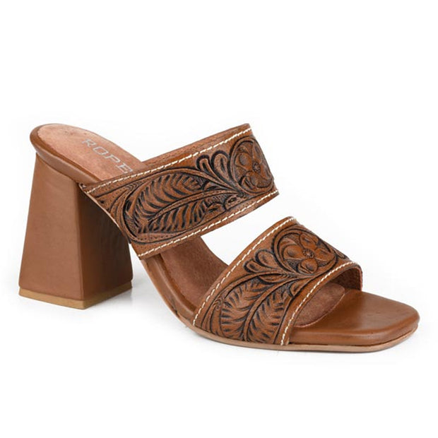 Brown sandal with intricate leather design on a white background