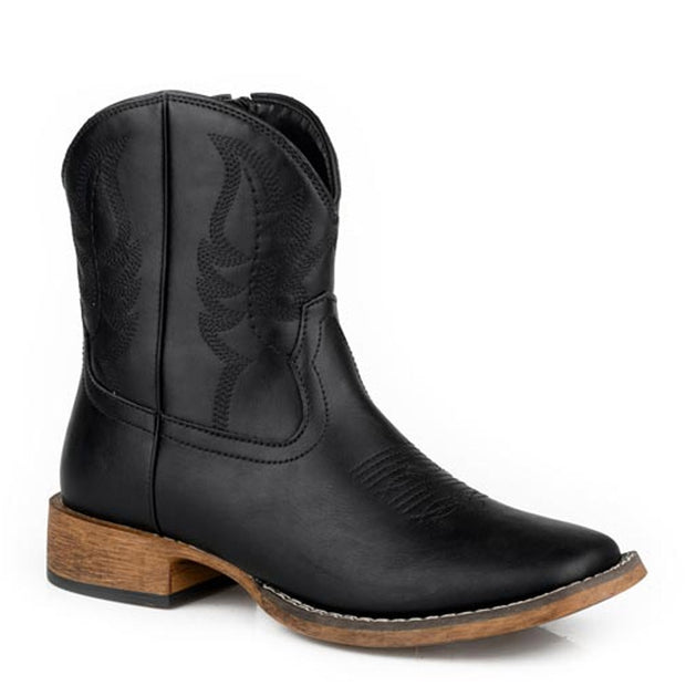 Black cowboy boot with wooden sole on a white background